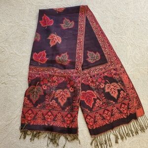 Scarf Shawl Fringe Autumn Leaves Burgundy Orange Brown 46x68 Inches Approx.